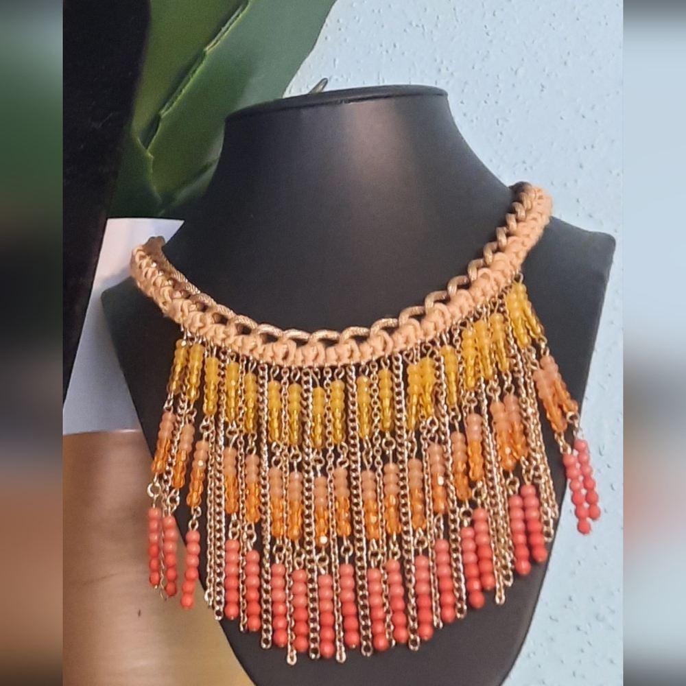 Anthropologie Beaded Woven Fringe Bib Necklace Rustic Chain/Bead Dangles NEW